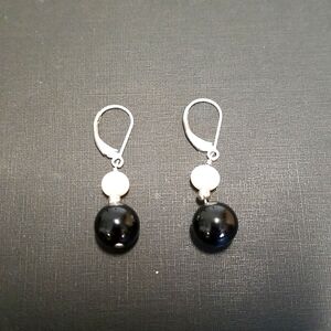 Black and White Pearl Drop Earrings.  French Wires.